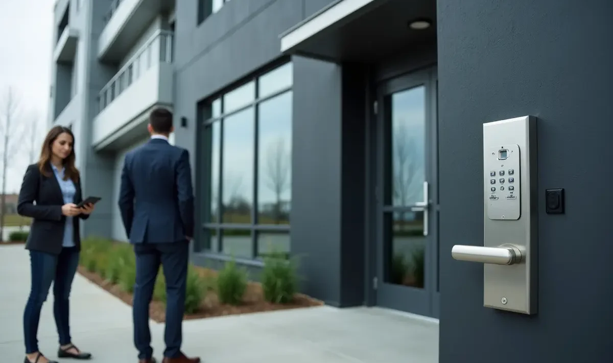 business owner using commercial locksmith services to improve property security